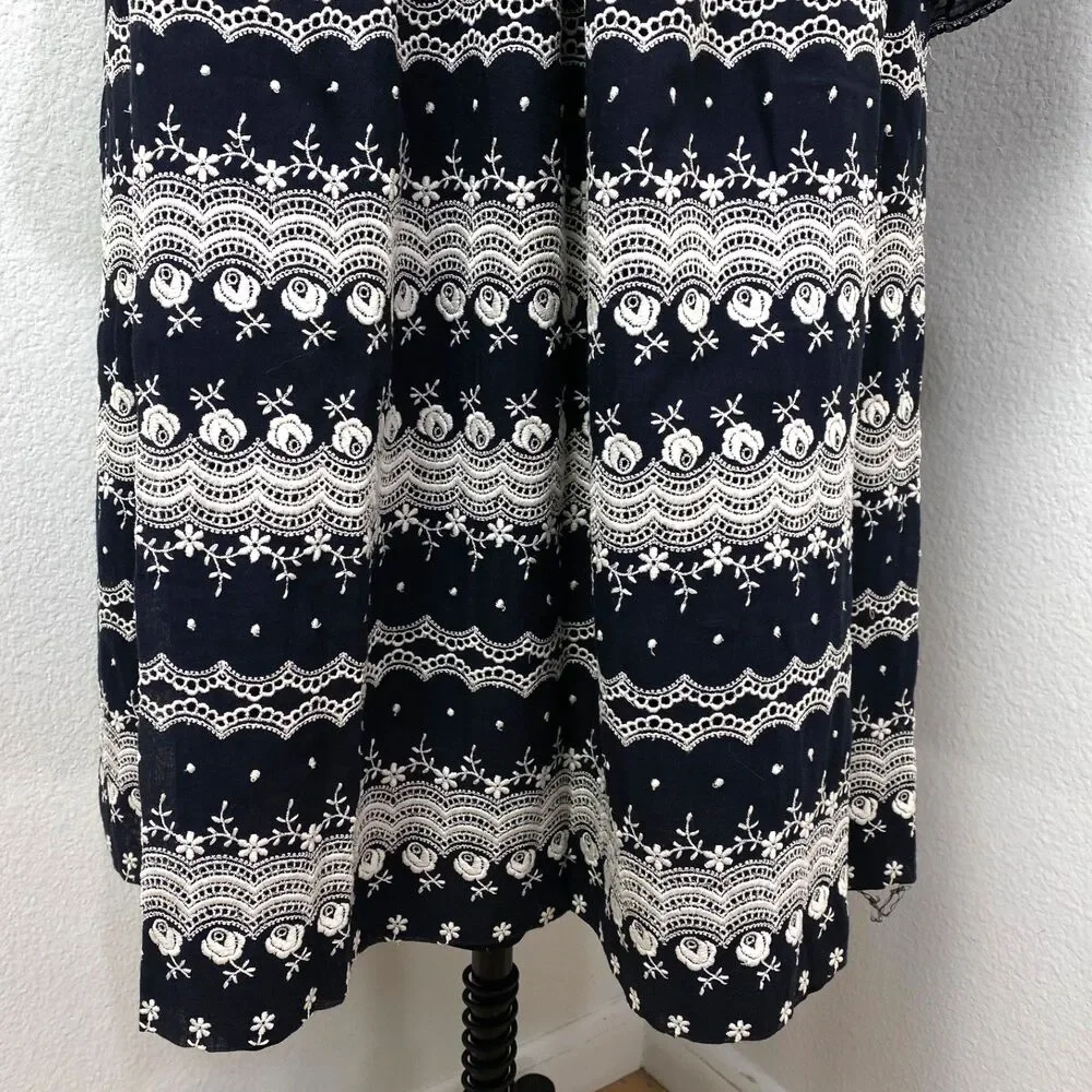 Vtg Black White Embroidered Dress XL Polka Dots Button Front Long Sleeves Boho